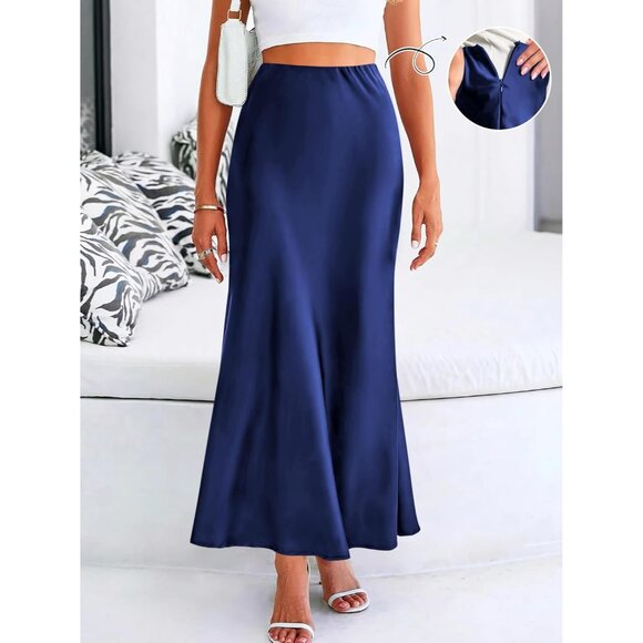 Women Navy Blue Maxi Dressy Casual Zipped High Waisted Silk Elegant Long Skirt - Picture 2 of 7